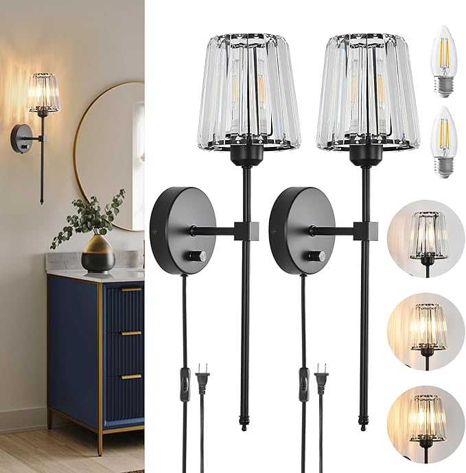 Crystal Wall Sconces Set of 2, Dimmable Wall Sconce with Plug in Cord and Dimmer Matte Black Plug in Wall Lamp Wall Mounted Light with Crystal Shade for Living Room Bedroom Vanity Light Bulbs Included