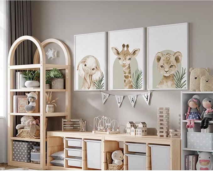 Animal Wall Art Pictures Baby Nursery Canvas Wall Art Decor Safari Animal Prints Jungle Kids Wall Art Woodland Nursery Wall Decor Giraffe Jungle Poster for Room 16x24 Inch Unframed Set of 3