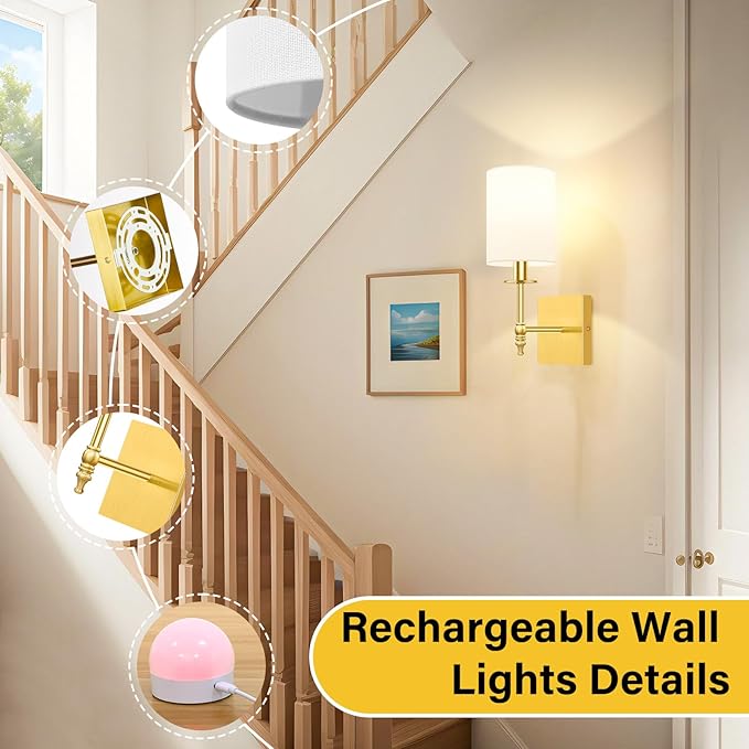 14.5 Inch Wall Sconces Battery Operated Set of 2, Rechargeable Wireless Wall Sconces Lights with Remote, Not Hardwired Dimmable Gold Wall Lamps with White Fabric Shade for Bedroom, 2 Bulbs Included