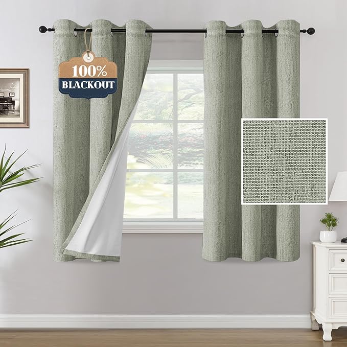 H.VERSAILTEX Chenille Linen Blackout Curtains for Bedroom Thermal Insulated Textured Linen Look Curtains with White Flocking Coating Back, 42" W x 63" L, Heathered Sage(Not Solid)
