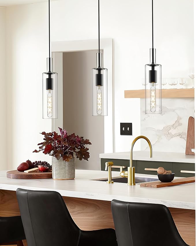 AUTELO Modern Pendant Lights, 1-Light Glass Pendant Light, Industrial Hanging Light Fixtures in Black Metal Finish with Clear Glass, Kitchen Pendant Lighting Over Island for Dining Room, H3875 BK