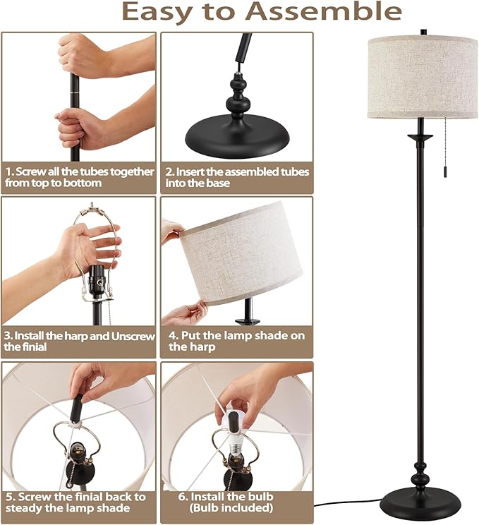 Luvkczc Black Floor Lamp, 60" Standing Lamp Tall Lamp with Fabric Lampshade&Pull Chain Corner Floor Lamps for Living Room, Bedroom & Office Bulbs Not Included