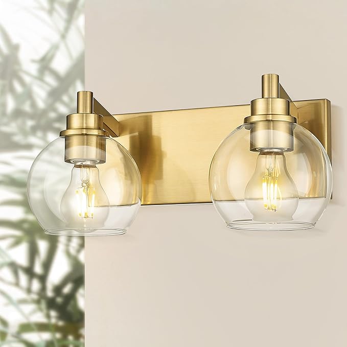 Bathroom Light Fixtures, 2 Light Brushed Gold Vanity Light, Modern Wall Sconces with Clear Glass Globe Shade, Bathroom Wall Lights Over Mirror Kitchen Bedroom Hallway, VL195-GD-2