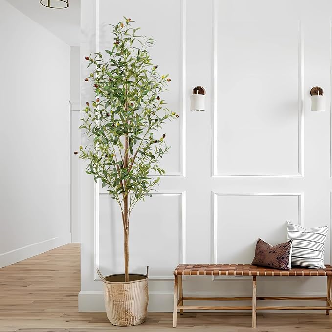 6FT Artificial Olive Tree Indoor, Tall Faux Olive Tree with Pot&Basket, Large Fake Olive Tree with Realistic 1080 Silk Leaves and 60 Fruits for Living Room Home Office Decor