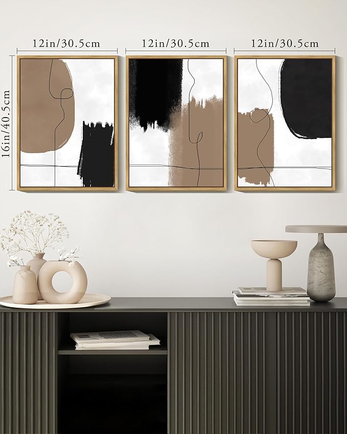KUVIOKE Neutral Abstract Framed Wall Art Beige Mid Century Textured Wall Decor Minimalist Line Modern Illustrations Art Print Home Decor 12x16in (Natural Framed)
