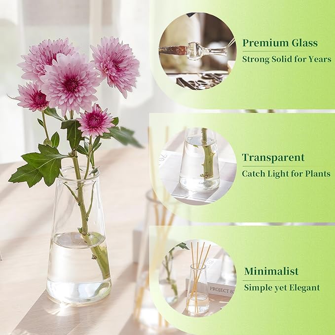 Hewory Glass Bud Vases for Centerpieces: Small Clear Modern Flower Vase Set of 24, Minimalist Cute Mini Decorative Bulk Vases for Wedding Birthday Bridal Shower Party Events Dining Room Table Decor