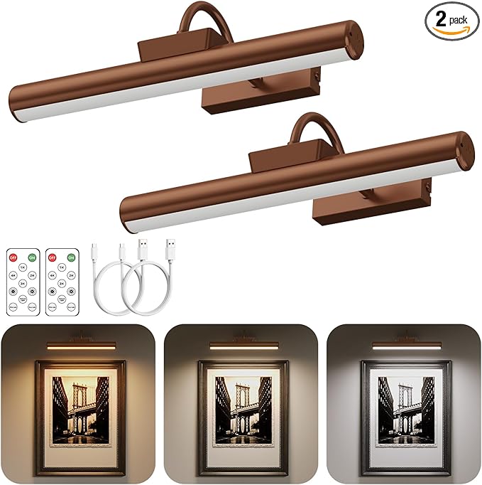 Picture Light Battery Operated, 13in Wireless Art Light for Paintings, Dimmable 5000mAh Recharging Battery Picture Light with Remote Control for Wall, Gallery Dartboard (Orange Copper -2Pack)