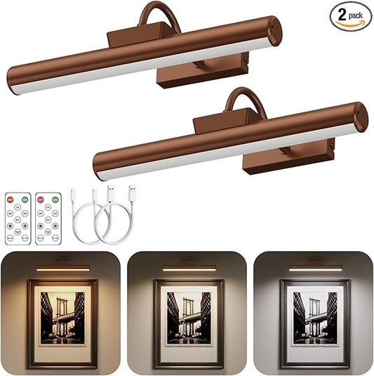 Picture Light Battery Operated, 13in Wireless Art Light for Paintings, Dimmable 5000mAh Recharging Battery Picture Light with Remote Control for Wall, Gallery Dartboard (Orange Copper -2Pack)