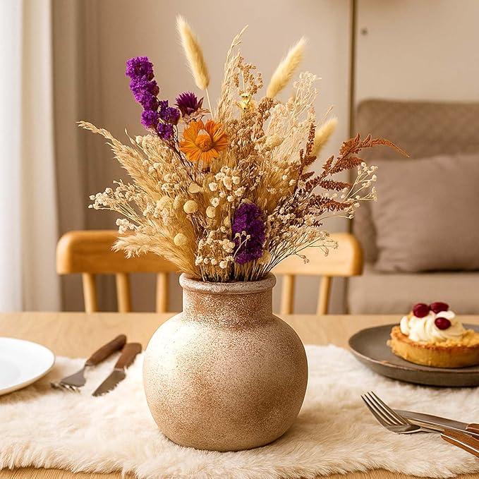 Ceramic Rustic Farmhouse Vase | 6 Inch Pottery Decorative Flower for Home Decor | Boho Vase | Terracotta for Table, Living Room, Bathroom Decoration, Shelf Decor, Mantel, Terra