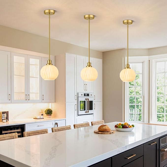 Brushed Gold Pendant Lights Kitchen Island 2 Pack, 7.3" Milk Glass Modern Pendant Light Fixtures with Rods, Globe Hanging Lighting for Kitchen Sink Bathroom Dining Room, E26 Base