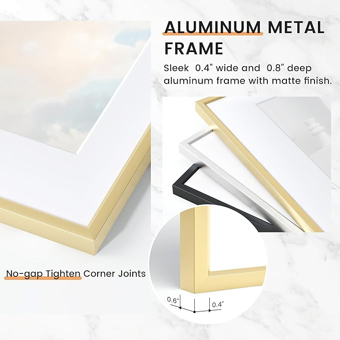 16x20 inch Metal Picture Frame - 16 x 20 Thin Aluminum Photo Frames with 11x14 Removable Mat - High Definition Plexiglass - Vertical and Horizontal Display - Wall Hook Hanging Hardware Included - Gold, Set of 4