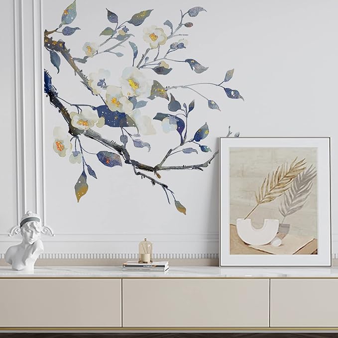 Camellia Flower Tree Wall Decals Living Room Floral Wall Stickers Removable Peel and Stick Waterproof Wall Art Decor Stickers for Bedroom Bathroom Office