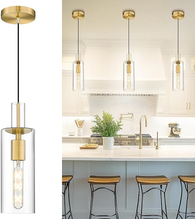AUTELO Gold Pendant Lights - Glass Pendant Light Fixtures, Vintage Hanging Lamp in Brushed Gold Metal Finish with Clear Linear Glass, Kitchen Pendant Lighting Over Island for Dining Room, H3875 BG-M