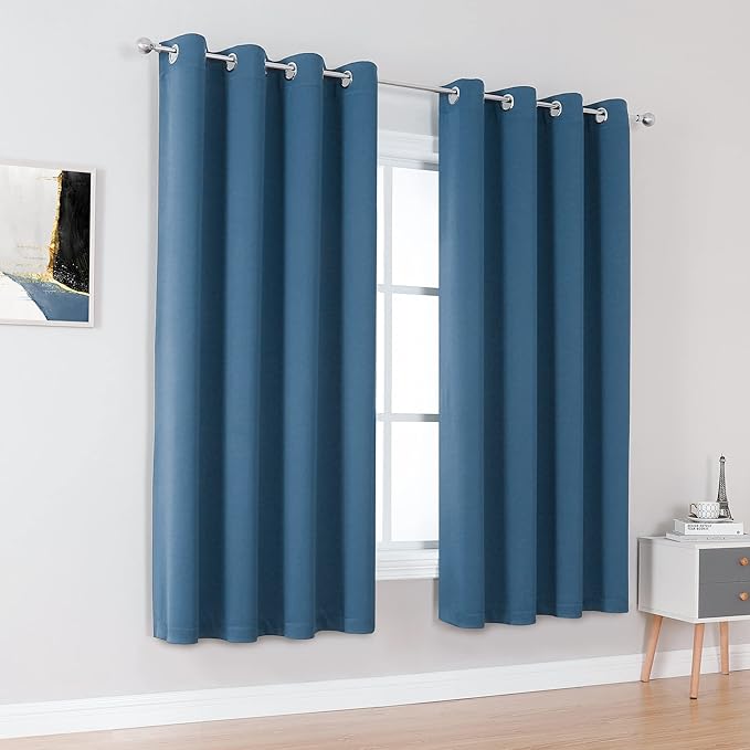 DUALIFE Midnight Blue Curtains 63 Inch Length for Boys Kids Room 2 Panel, Grommet Boho Curtains for Bedroom, Dark Denim Blue, 52 by 63 Inch