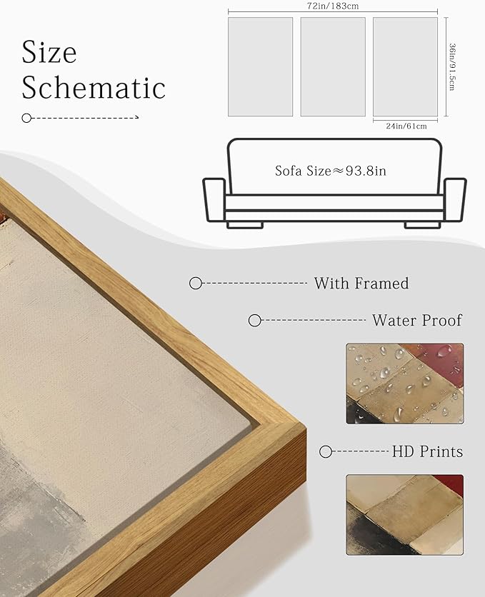 KUVIOKE Framed Abstract Wall Art Minimalist Beige Gray Red Pastel Watercolor Wall Decor Modern Neutral Art Print Home Decor 24x36in (Natural Framed)