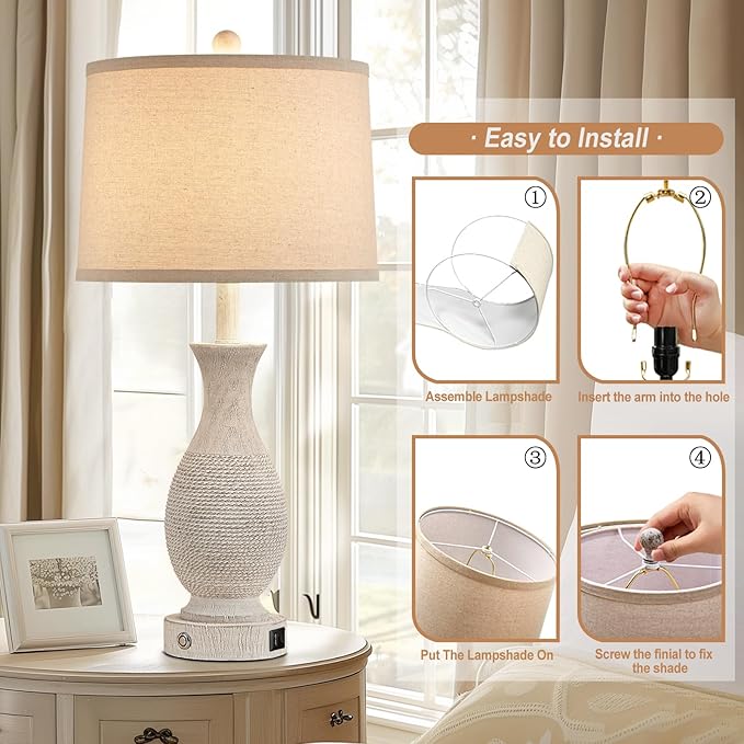 28" Rustic Farmhouse Table Lamps for Living Room Set of 2 Bedroom Lamps for Nightstand with USB A+C Charging Ports, 3-Way Dimmable Touch Bedside Lamp, Off-White, Linen Lampshade, LED Bulbs Included