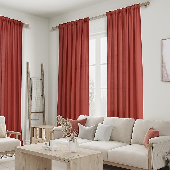 Guken Red Linen Curtains 84 Inch Length for Living Room Bedroom 2 Panels Set Rod Pocket Light Filtering Semi Sheer Window Curtains 52 Inch Width Boho Farmhouse Linen Drapes, W52xL84