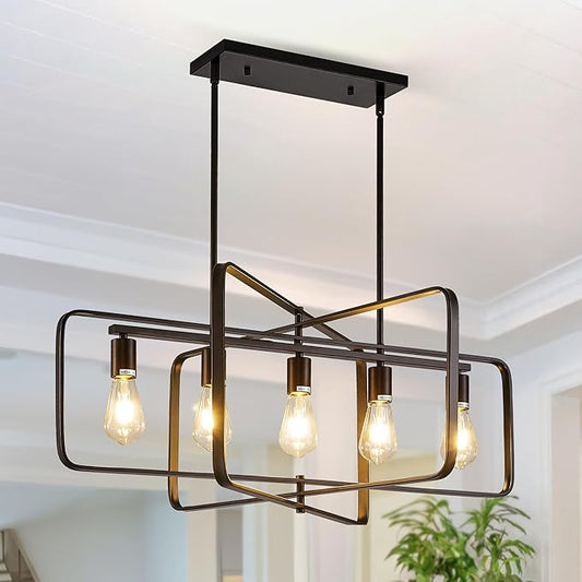 Dining Room Light Fixture/Chandelier Over Table,5-Light Kitchen Island Lighting Hanging for Farmhouse Linear Chandeliers Matte Black Rectangle Rustic Ceiling Pendant Light Fixtures, Height Adjustable