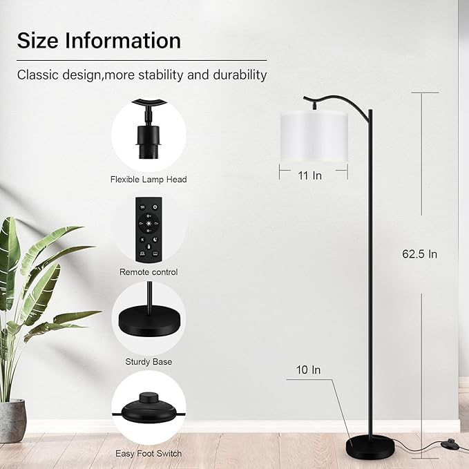 BoostArea Floor Lamp for Living Room,Arc Floor Lamp with Remote Control,Stepless Dimmable Brightness & Colors Temperature 2700k-6500k,Modern Standing Lamp for Bedroom Study Room Office,White