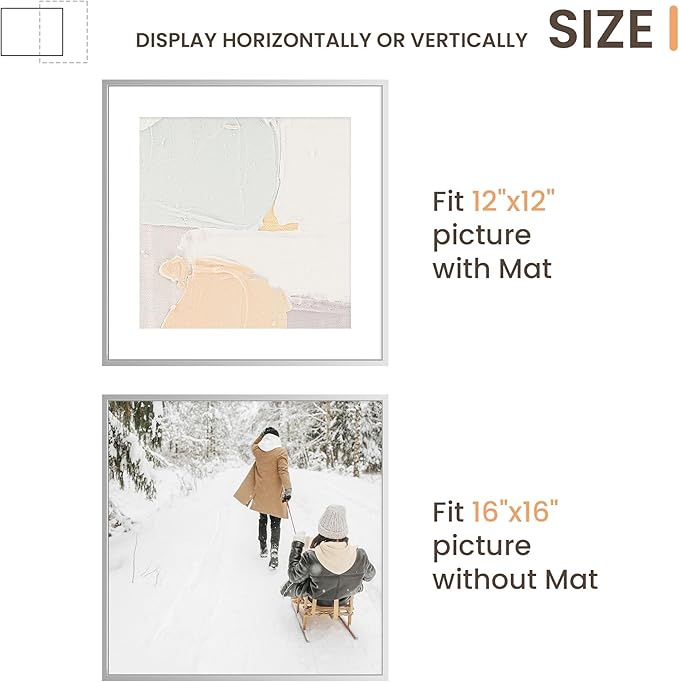 Aluminum 16x16 Picture Frame Silver, Metal Photo Frames with Mat for 12x12 Photo or Without Mat for 16x16 Photo, Metal Poster Frame Sawtooth Hanger for Easy Wall Display, set of 1