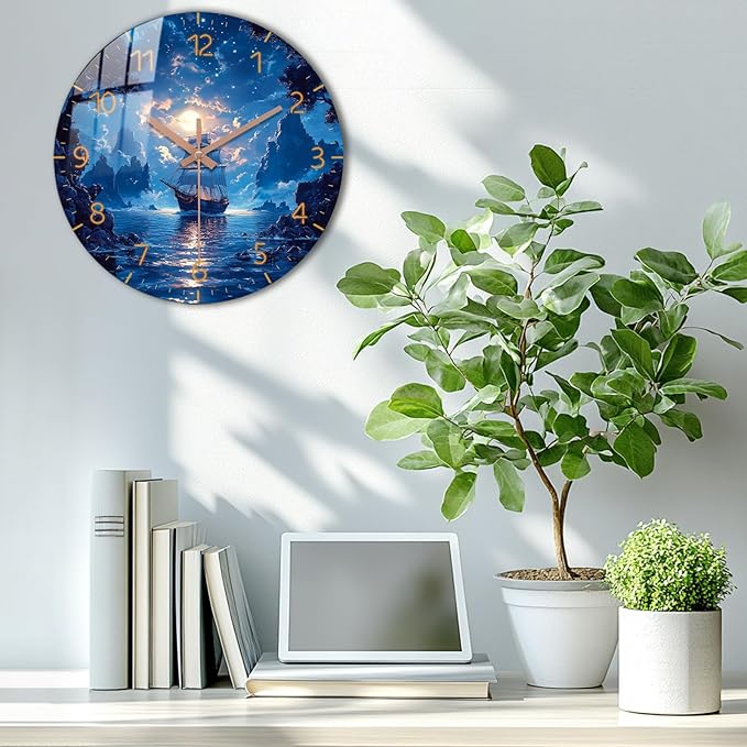 Large Coast Wall Clock 16 inch Modern Beach Wall Clock Wooden Silent Analog Clock for Office, Living Room Marine Decoration Battery Operated