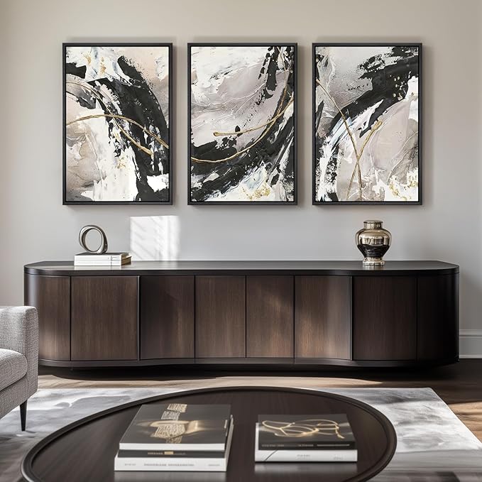 Framed Black and White Abstract Wall Art for Living Room, 3 Piece Large Modern Minimalist Gold Lines Canvas Prints Artwork for Walls, Bedroom, Kitchen, Hallway, Office Wall Decor, 24x36 Inch