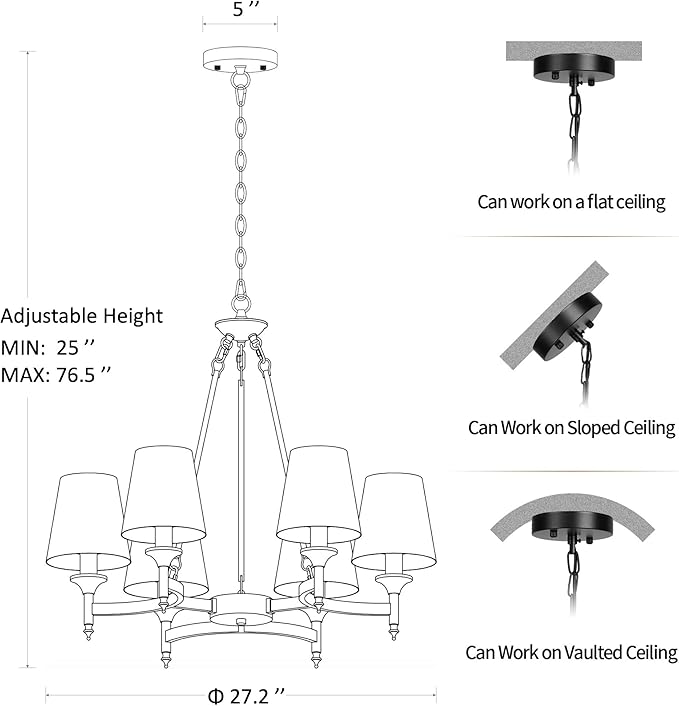 Gold Chandelier with White Shades, 6-Light Modern Farmhouse Chandeliers for Dining Room, Rustic Round Hanging Light Fixture for Kitchen Island Bedroom Office Living Room Entryway