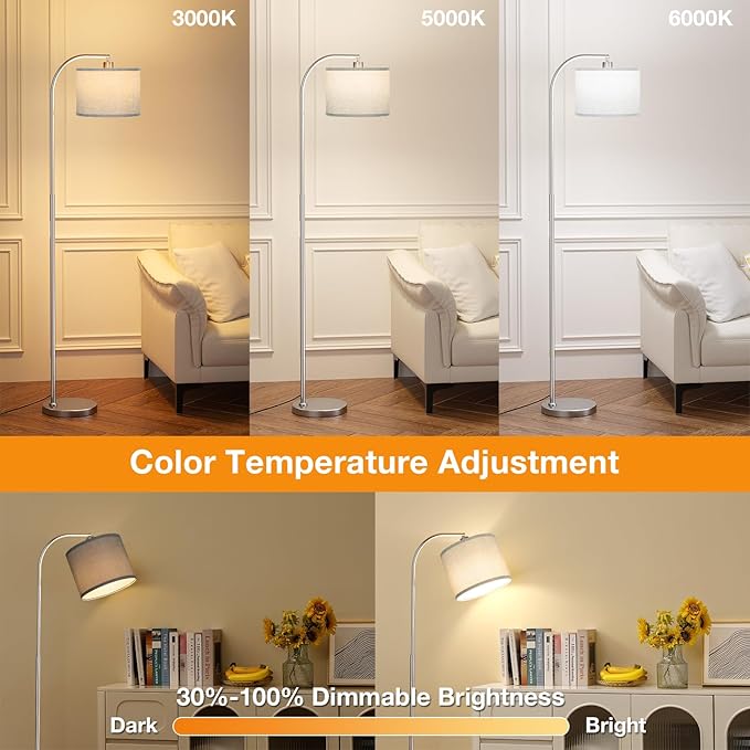 Arc Floor Lamp with Remote and Stepless Dimmable Bulb, Colors Temperature & Brightness Adjustable, Floor Lamps for Living Room（Grey Shade & Silver Pole）