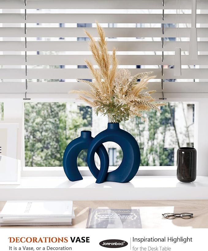 Blue Vase Set of 2 - Donut Navy Vases Home Decor, Modern Coastal Decor - Decorative Vase, Ceramic Decorations for Living Room Coffee Table Bookshelf Shelf Console Mantle (Matte Navy Blue)