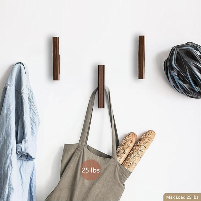 Wooden Wall Hooks 4 Pack Coat Hooks Mounted Walnut Wooden Hooks for Wall Hanging Hat, Towel, Bag, Backpack, Decorative Wood Heavy Duty Hook for Entryway and Bathroom (Walnut, Dark)