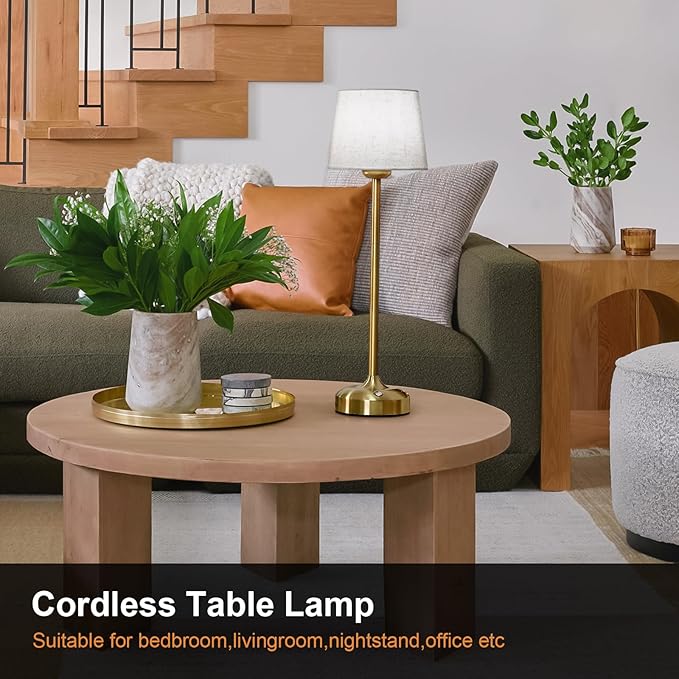 YAYZA! Cordless Table Lamp Adjustable Height Desk lamp, Fabric Shade 7500mAh Rechargeable LED Wireless Touch Night Light Stepless Dimming, 3 Color Temperatures with Edison Bulb (High Gold - 1 Pack)
