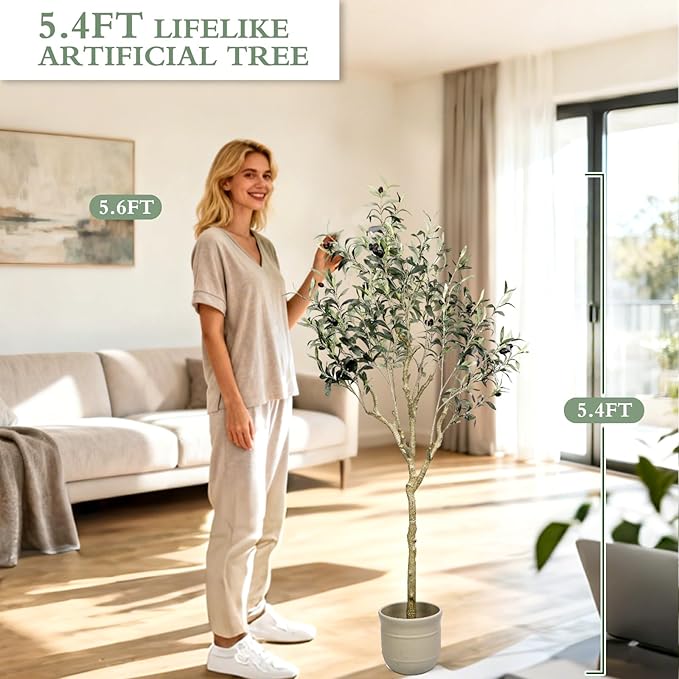 Artificial Olive Tree 5.4 ft, 65 Inch Faux Olive Tree with White Planter, Natural Olive Branches and Realistic Leaves for Modern Home Office Living Room Floor Decor