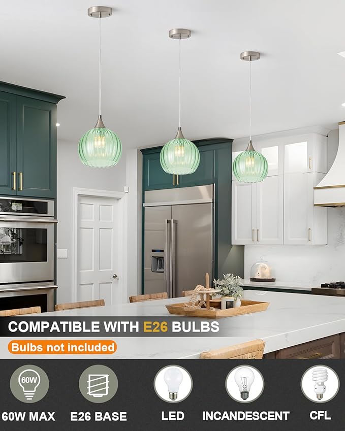 Brushed Nickel Pendant Lights Kitchen Island, Globe Pendant Light Fixtures with 8 Inch Clear Glass Shade, Modern Hanging Light Fixtures for Kitchen, Bedroom (1 Pack - Green Glass Pendant Light)
