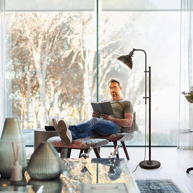Industrial Floor Lamp, 3 Color Temperature Rustic Floor Lamps in Aged Bronze, Adjustable Height&Head Standing Reading Lamp Farmhouse Lamp