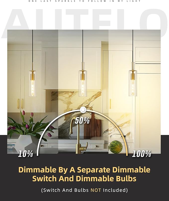 AUTELO 1-Light Pendant Lights Kitchen Island - Gold Pendant Light Fixtures, Vintage Hanging Lamp in Metal Finish with Clear Linear Glass, Kitchen Pendant Lighting over Island for Dining Room, H3875 BG