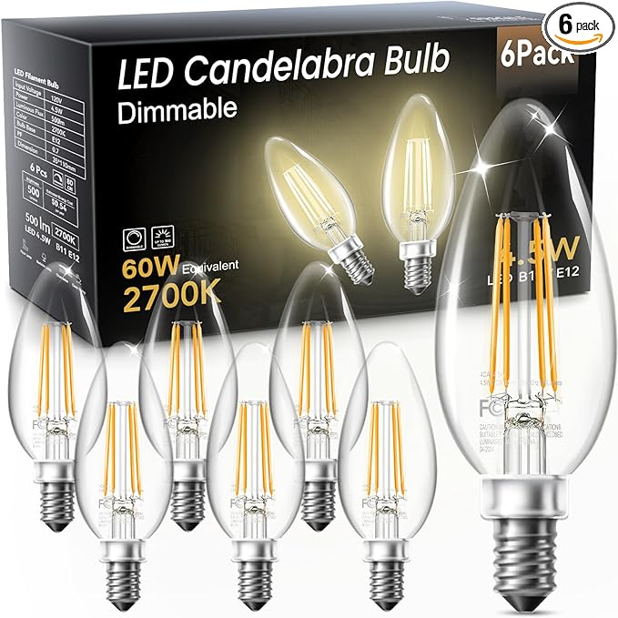 TJOY LED Candelabra Bulbs Dimmable, 60W Equivalent Chandelier Light Bulb, E12 Small Base, 4.5W 2700K Soft Warm White, B11 Vintage Filament Clear Glass Candle Light for Ceiling Fan, Chandeliers, 6Pack