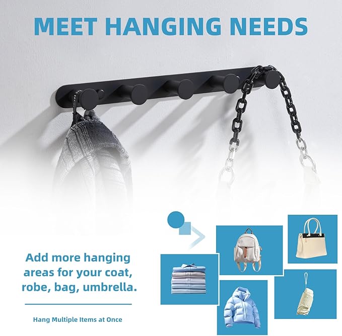 Angle Simple Towel Hook Rack Matte Black, SUS304 Stainless Steel Bathroom Hook Rail 5 Hooks, Utility Kitchen Towel Holder, Wall Mount