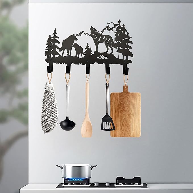 Metal Wolf Coat Hooks Wall Art Decor-Wolf Hangers and Key Holder-Clothes Rack and Backpack Hanger-Animal Theme Hooks Sweet Home Decor for Storage, Living Room, Hallway, Office (Black)