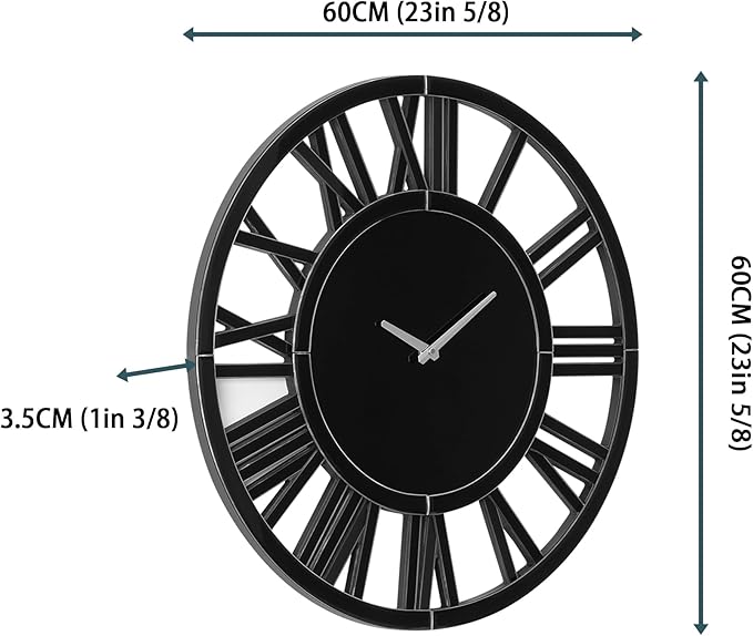 SHYFOY 24" Large Black Mirror Wall Clock - Modern Roman Numeral Decorative Wall Clock for Living Room, Bedroom, Office - Silent Non-Ticking, Easy to Hang