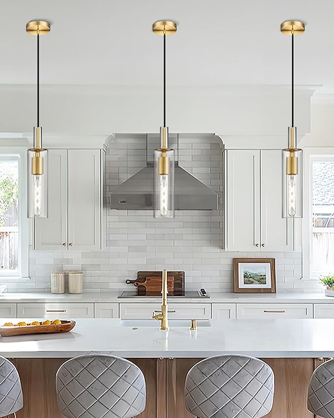 AUTELO 3-Pack Pendant Lights Kitchen Island, Brushed Gold Pendant Light Fixtures, Vintage Pendant Lights with Clear Cylinder Glass, Hanging Light for Kitchen Island, Dining Room, H3875 BG-3PK