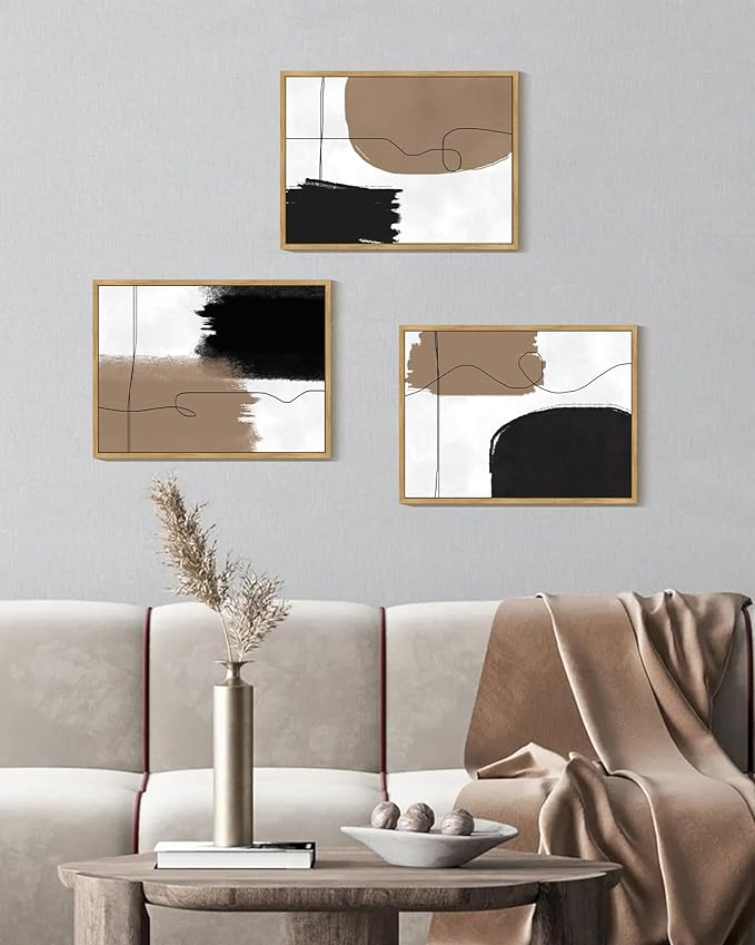 KUVIOKE Neutral Abstract Framed Wall Art Beige Mid Century Textured Wall Decor Minimalist Line Modern Illustrations Art Print Home Decor 11x14in (Natural Framed)