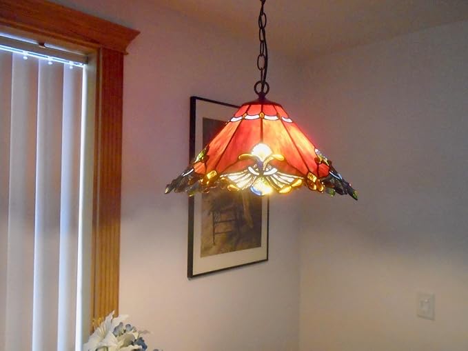 Bieye S10024 Tiffany Style Stained Glass Baroque Lampshade (17-inch Wide Red)