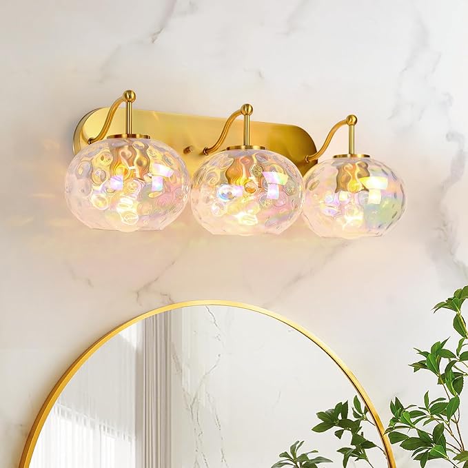 23" Brushed Gold Vanity Light Stained Hammered Glass Wall Sconce 3-Light Brass Wall Lamp for Hallway Living Room Stairwell Bathroom Over Mirror (Brass Gold, 3-Light)