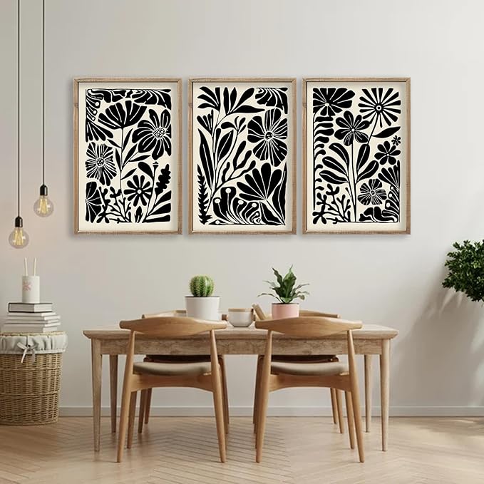 flowtorely Abstract Floral Botanical Wall Art 16x11 Inch 3 Piece Black Vintage Boho Plant Flower Minimalist Wood Frame Sign Home Living Room Family Office Mid Century Print Wall Hanging Decor (Wood)