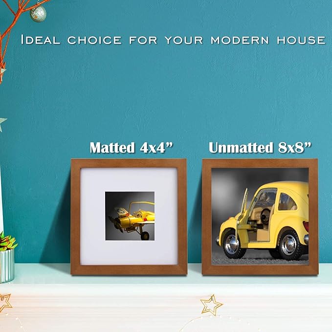 Egofine 8x8 Picture Frames 4 Pack Covered by Plexiglass, for Picture 4x4 with Mat or 8x8 whitout Mat Made of Solid Wood for Table Top Display and Wall Mounting Photo Frame, Light Brown