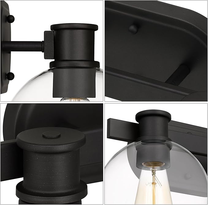 Dan Modern Farmhouse 2-Light Vanity Light Wall Sconce Lighting with Clear Glass Globe Shade in Light Black Finish for Bedroom, Hallway, Kitchen