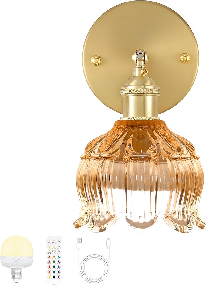 Battery Operated Wall Sconce with Remote Control,Vintage Wall Lamp with Flower lampshade,Rechargeable Battery Powered Wall Lights with 15 Colors for Beside Bedroom Living Room Doorway,Flower Amber
