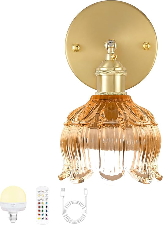 Battery Operated Wall Sconce with Remote Control,Vintage Wall Lamp with Flower lampshade,Rechargeable Battery Powered Wall Lights with 15 Colors for Beside Bedroom Living Room Doorway,Flower Amber