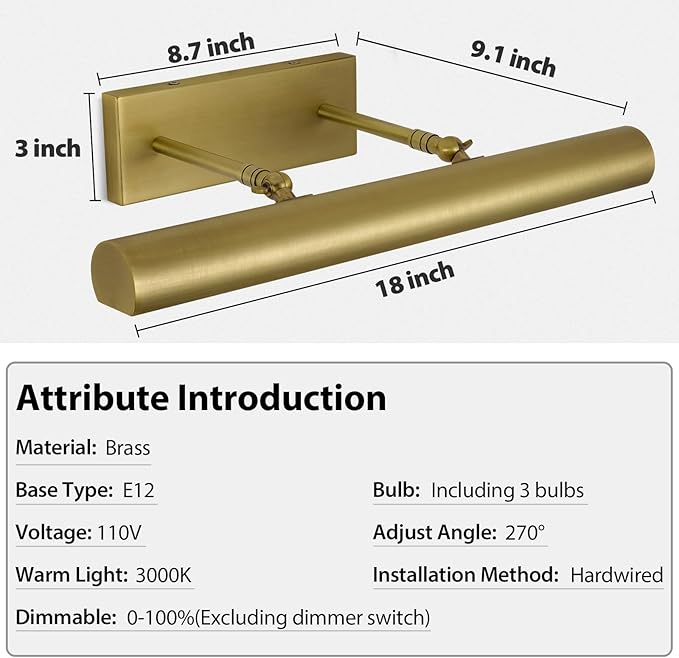 Brass Picture Lights for Wall, 18" Linear Picture Light Hardwired, 3-Light Brush Gold Art Light, Warm White 2700k Dimmable Picture Lamp, 270° Picture Frame Light for Bathroom, Living Room, Hallway