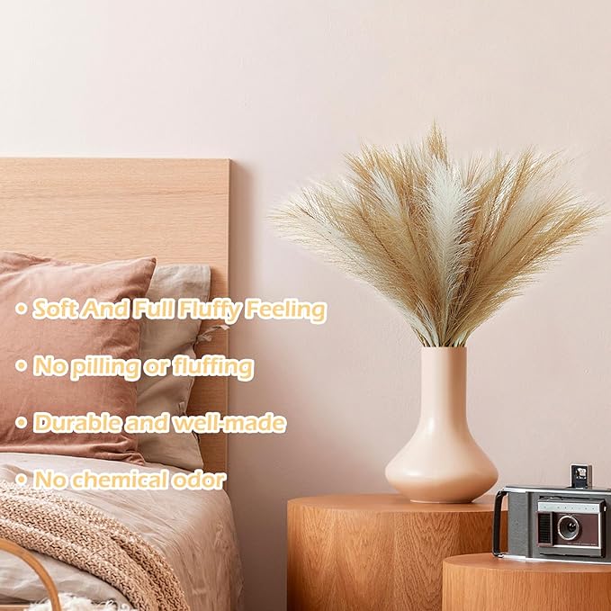 60 Pcs Pampas Grass Decor 21.7" Fluffy Faux Short Brown White Pampas Grass Artificial Small Pompas Grass Flower Vase Filler for Home Wedding Decoration